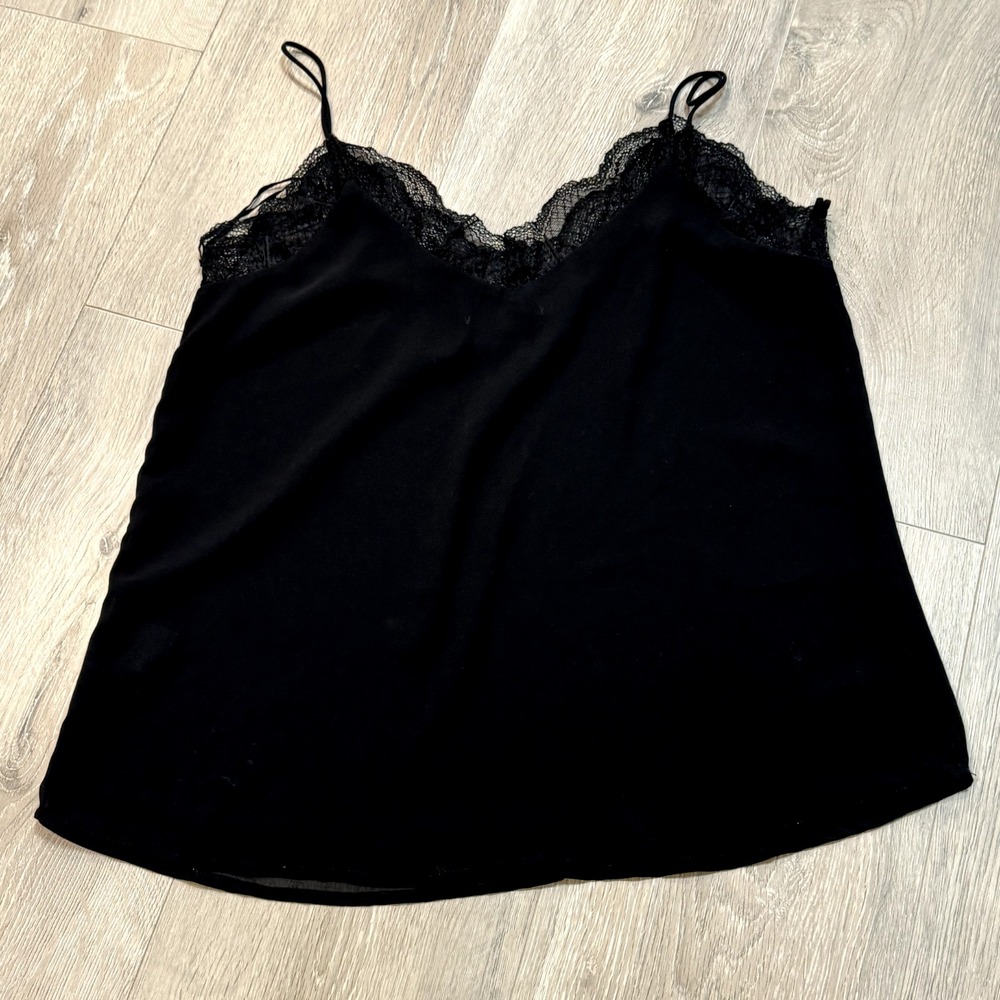 Wishlist Apparel Womens Chiffon Cami Tank Top Black‎ Lace Neckline Size Small